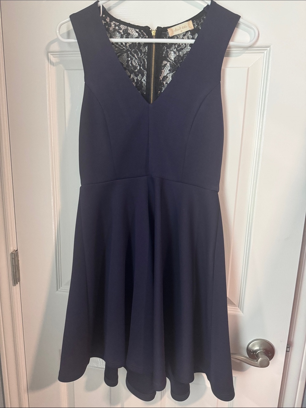 Altar'd State Navy V-Neck Fit & Flare Dress with Lace Back